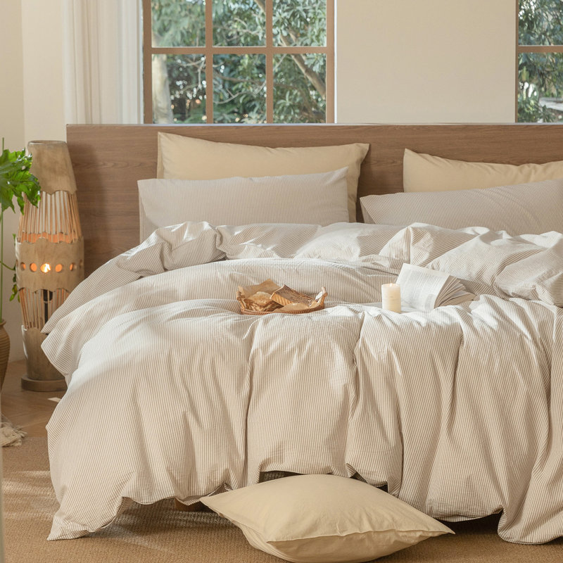 Ensemble de housse de couette à rayures 100% coton lavé MooMee, Housse de couette pour très grand lit et 2 taies 