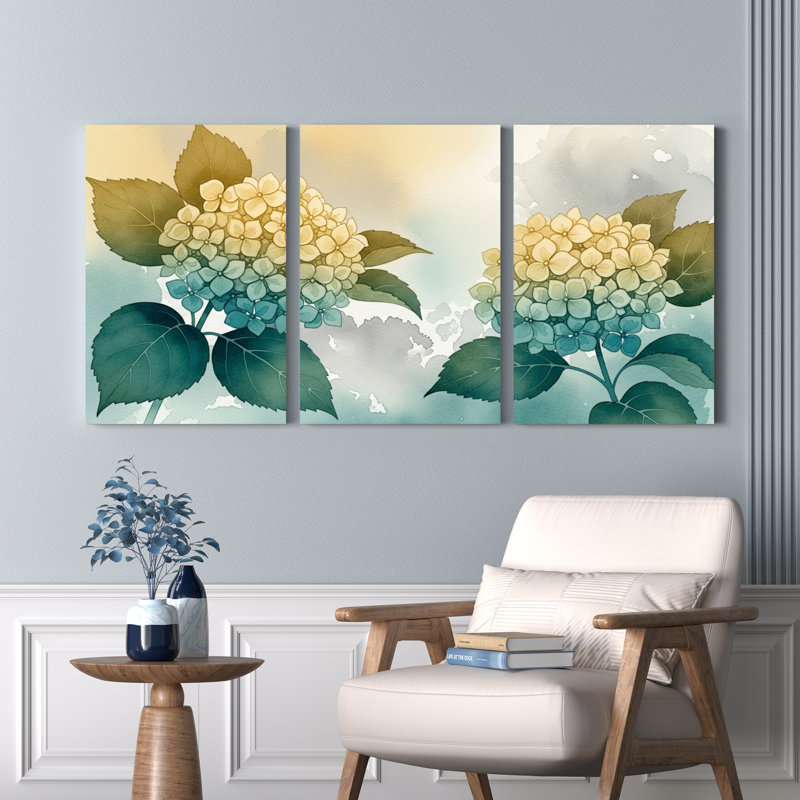 Tableau aquarelle floral d'hortensia sur toile tendue (lot de 3), H 30 po x l 60 po