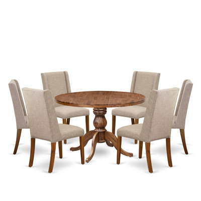 7-Piece Dining Table Set Contains A Kitchen Table and 6 Light Tan Linen Fabric Fabric Dining Room Chairs with High Back, Antique Walnut