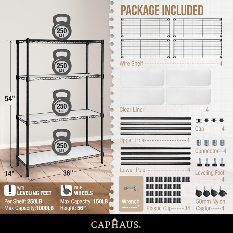 Rayonnage à hauteur réglable à 4 niveaux CAPHAUS NSF avec roues, pieds de nivellement et doublure, 36 x 14 x 54 po, noir