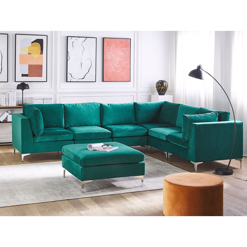 Moya 6 Seater Velvet Sofa & Chaise, Green, Right Hand Facing