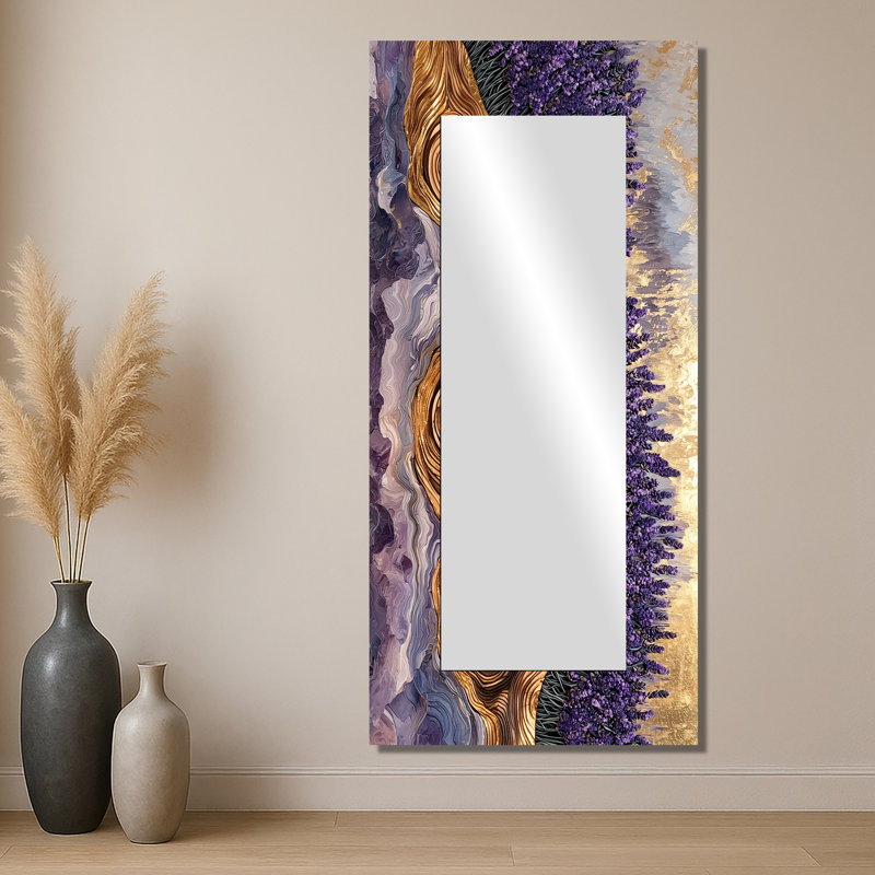 Champ de lavande sur la rivière Crystal Wood I - Art mural miroir floral - imprimé sur métal, 28 po x 60 po