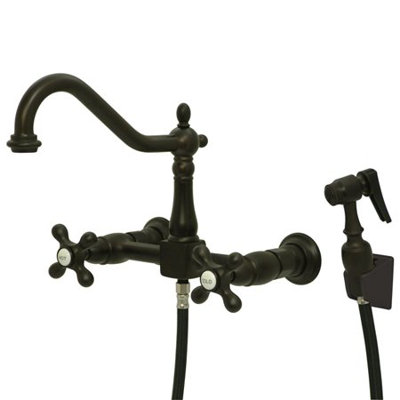 Heritage Double Handle Wall Mount Bridge Kitchen Faucet with Metal Cross Handles and Side Spray