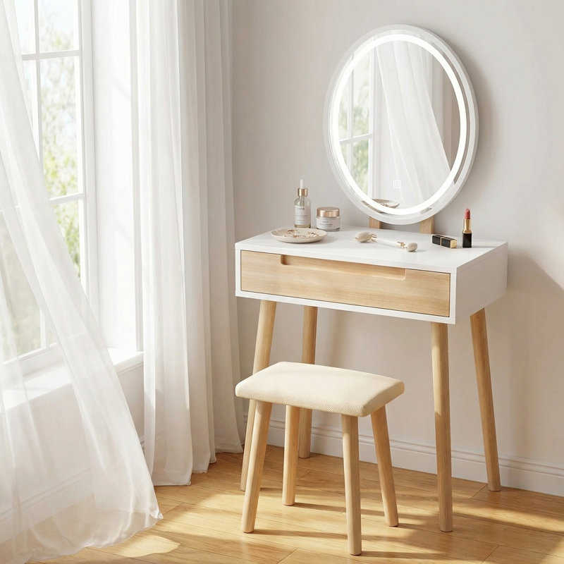 Ensemble de coiffeuse avec miroir à luminosité réglable et tabouret coussiné, Bois / blanc
