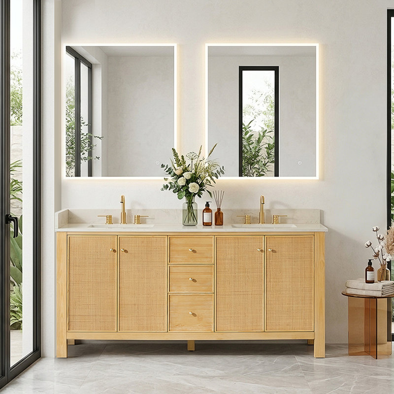 Cisca 72" Double Bathroom Vanity in Natural Wood with Grain White Engineered Stone Countertop without Mirror