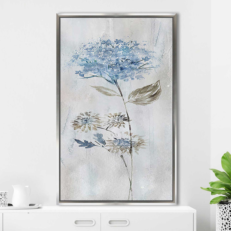 «Blue Meadow» par Conrad Knutsen - peinture, Cadre flottant argent, H 33,5 po x l 21,5 po x P 2 po