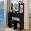 Coiffeuse à DEL ronde de 17 po avec tabouret rembourré, miroir à luminosité réglable à 3 couleurs par interrupteur tactile, solution de rangement multicouche pour les petites pièces de la maison, esthétique américaine, noir