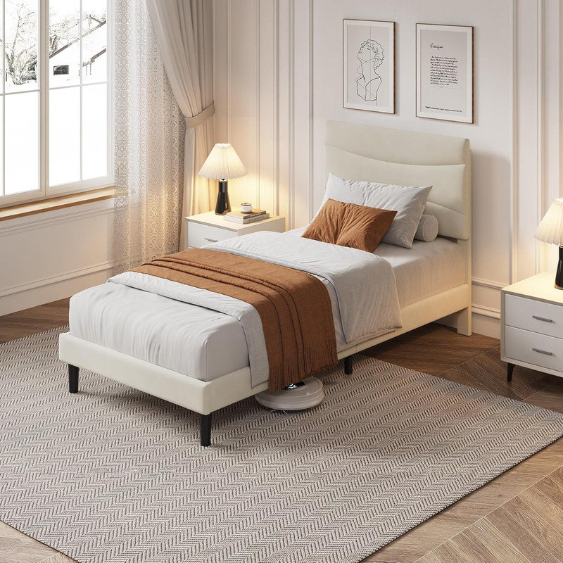 Structure de lit tapissier en velours avec tête de lit et rangement sous le lit, sans sommier, support de lattes en bois silencieux