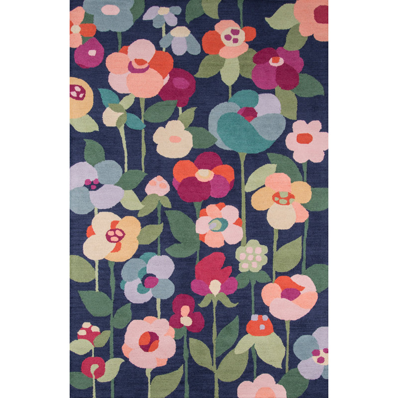 Tapis bleu marine / rose en laine crocheté à la main Brooklington, Rectangle 8 pi x 10 pi