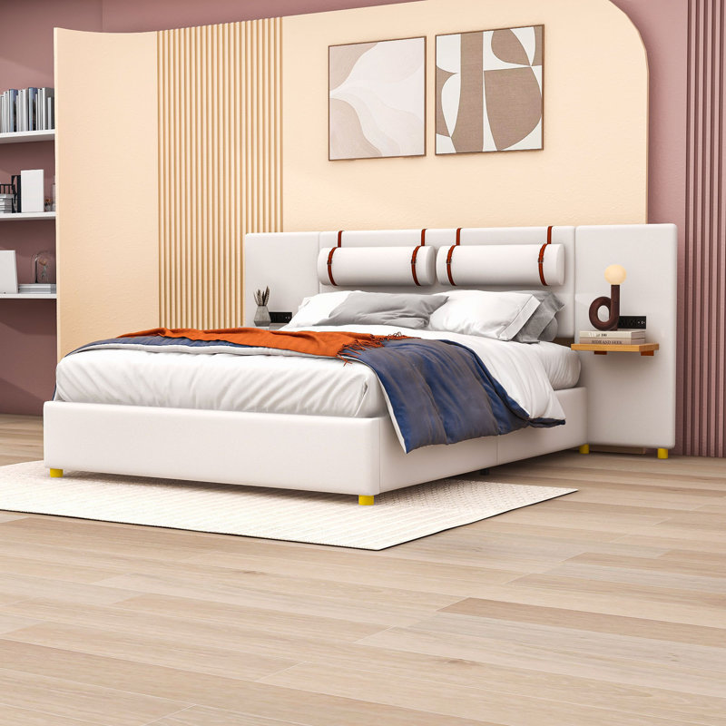 Lit plateforme tapissier avec tablettes de rangement, deux prises et ports de charge USB, Beige, Grand