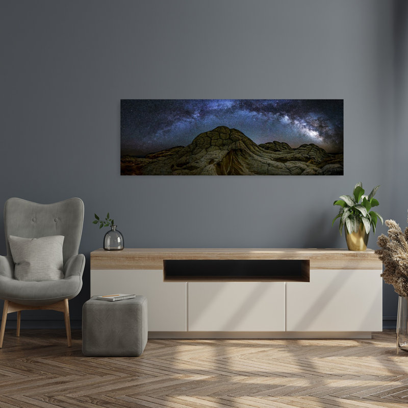 «Milky Way Over White Rocks», art mural abstrait contemporain, paysage naturel, 16" H x 48" W