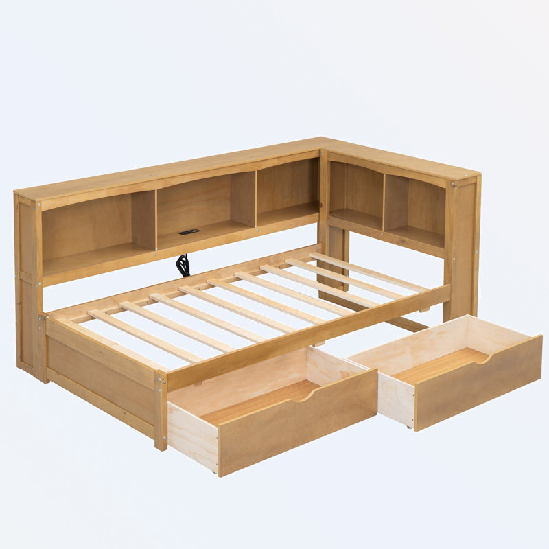 Lit de jour Charsie avec deux tiroirs de rangement, armoires de rangement et ports USB, Natural