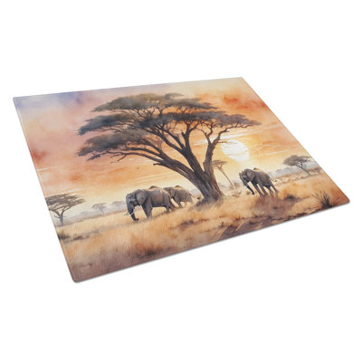 Elephants Savanna Sunrise Glass Cutting Board