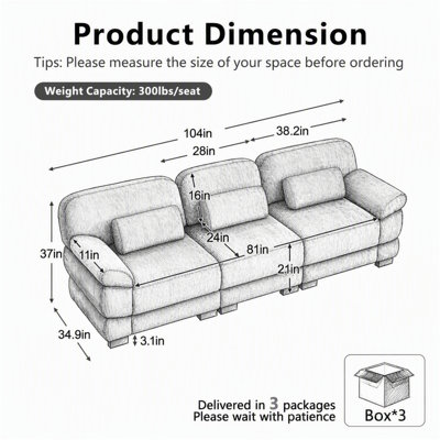 Canapé surdimensionné 3 places Cloud Couch, canapé modulaire moderne et minimaliste, coussins de siège épais et confortables, tissu en velours côtelé respirant, bleu pour le salon