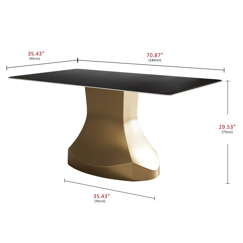 Table de salle à manger rectangulaire en ardoise noire avec piédestal en acier inoxydable
