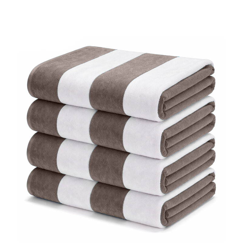Superior Cabana Striped Cotton Standard Size Towel/ Chaise Lounge Chair Cover Set, Taupe, Beach Towel - 4 Pack