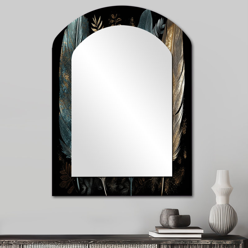 Gold Gilded Feathers I - Glam Feather Arch Unique Mirror, Gold Asymmetrical Large Wall Mirror, Printed Metal Art, 34" x 25"