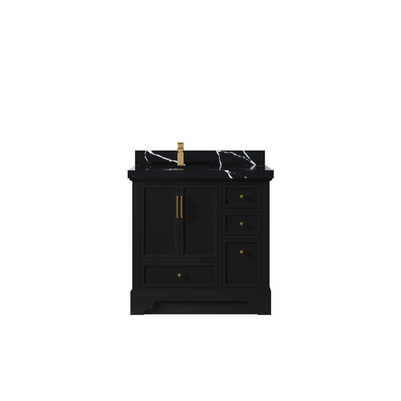 Meuble-lavabo sur pied simple 36 po avec plateau en quartz Alys, Noir Calacatta