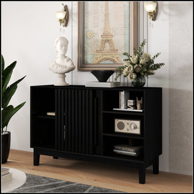 47.3 Inch Farmhouse Fluted Sideboard With Storage, 2 Doors, Solid Wood Feet, TV Media Console For Kitchen, Dining, Living Room, Entryway, Hallway