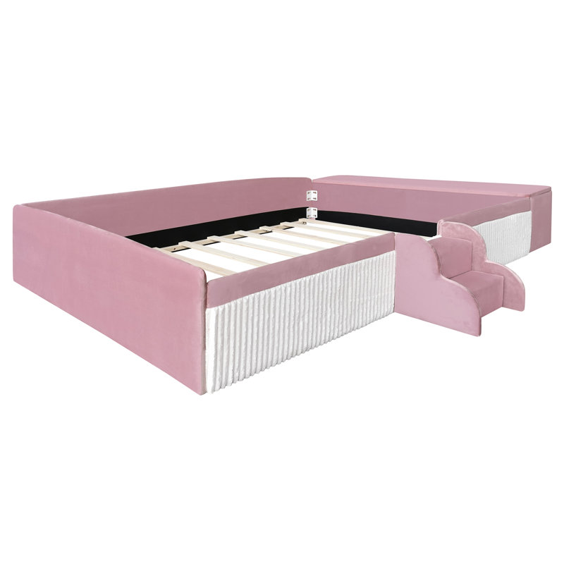 Full Size Velvet Upholstered Daybed with Stairs & Gas Lift Storage Ottoman, Contrast Color, Padded Guardrails, Pink+White