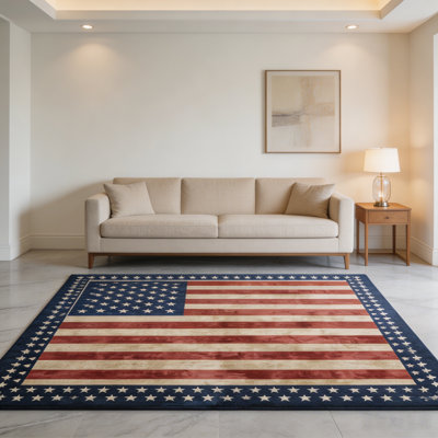5x7 ft. Foldable Washable Area Rug with Non-Slip Backing Patriotic Blue White Red for Living Room Bedroom Entryway