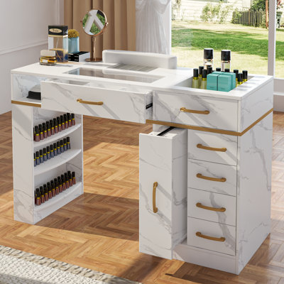 Table de manucure professionnelle avec collecteur de poussière, présentoir en verre et espace de travail spacieux