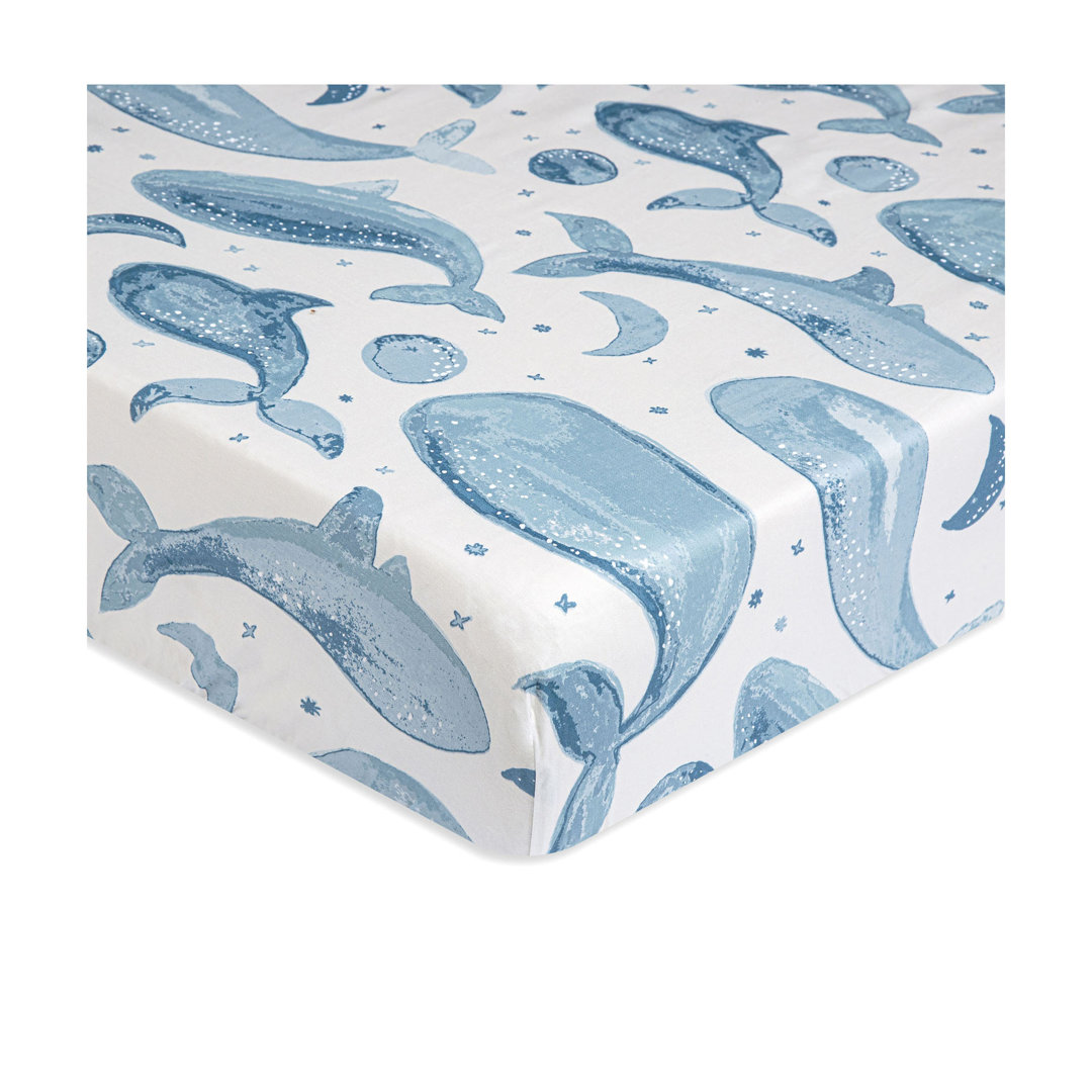 Caspian Whale Themed Fitted Crib Sheet, Blue and White, Soft and Durable by Crane Baby Crane Baby