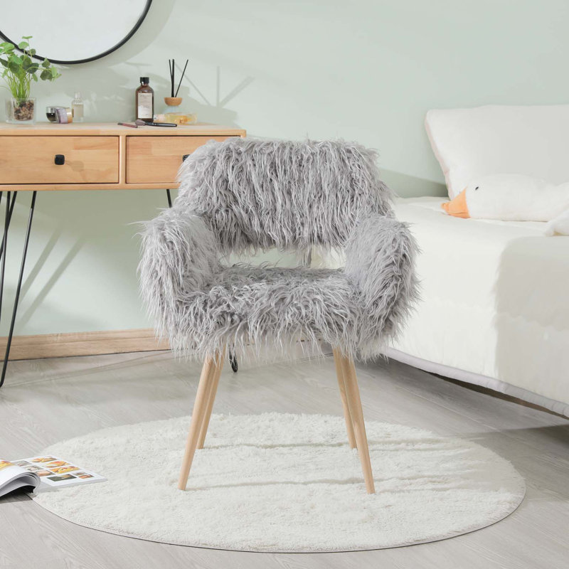 Upholstered Make up chair, Gray Faux Fur