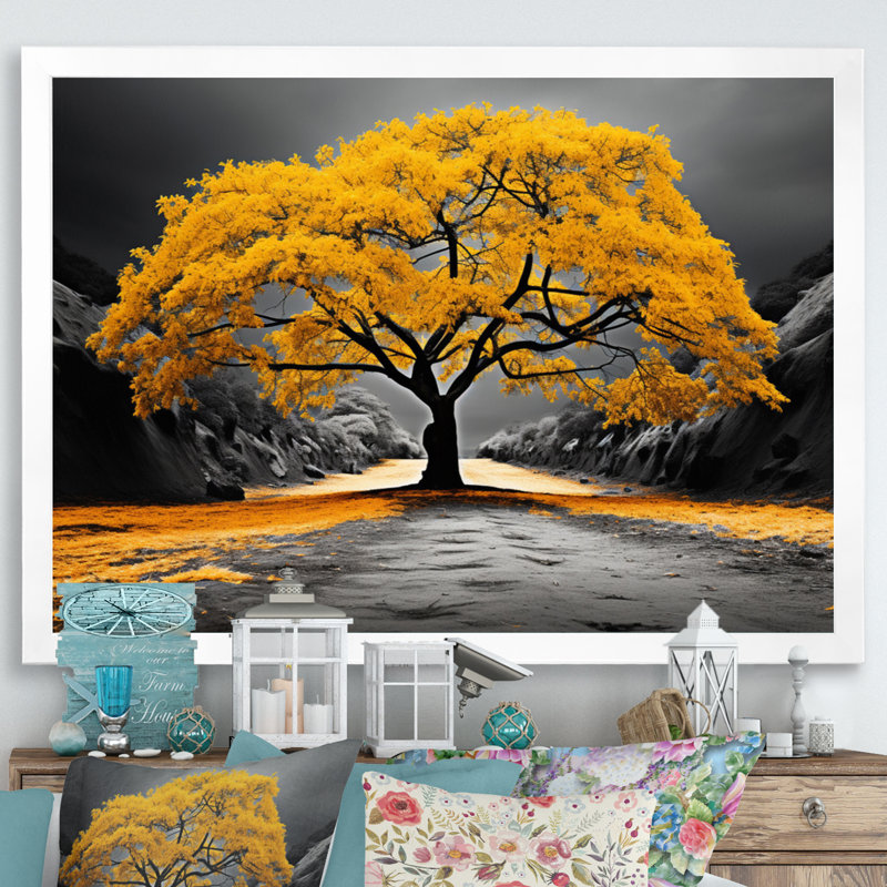 Harmonie de Mashanti, arbre jaune et gris - impressions encadrées de forêt, H 30 po x l 40 po x P 1,5 po, Cadre simple blanc