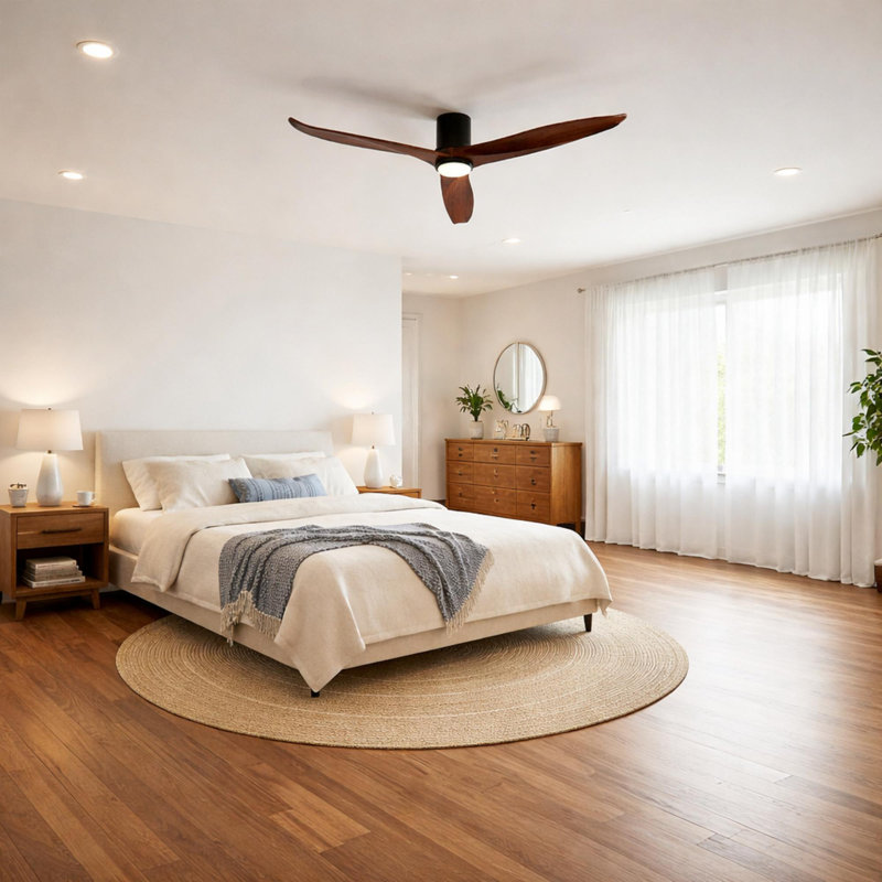 60" Modern Solid Wood Blade Flush Mount Ceiling Fan with LED Light and Remote, 6556 RPM, Walnut, 60" Wide
