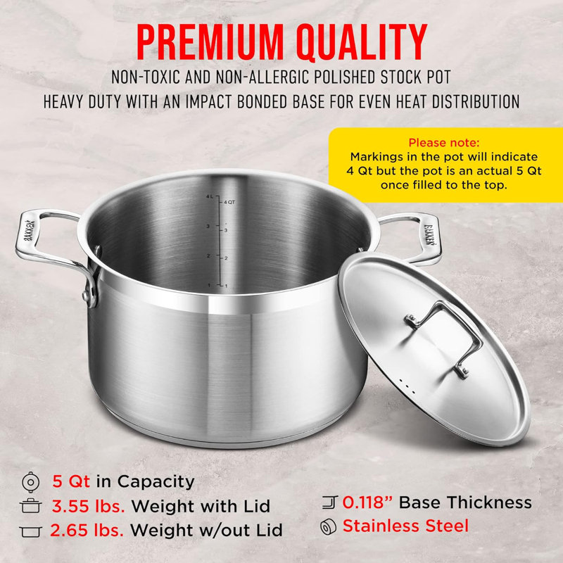 Bakken 5 Quart Brushed Stainless Steel Stockpot with Lid