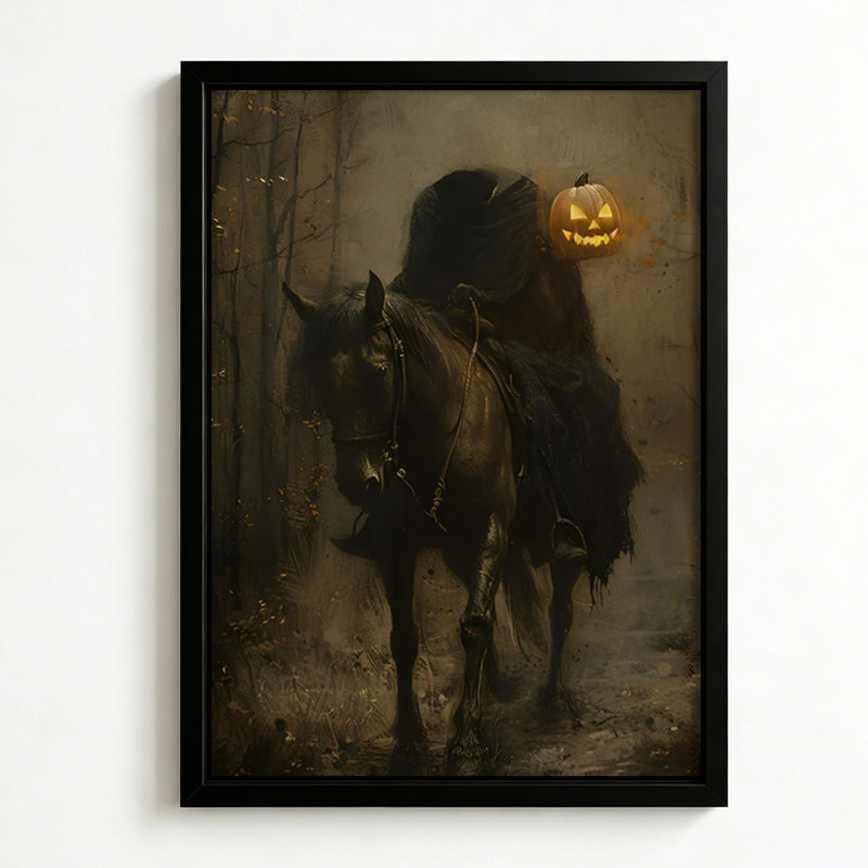 Cheval noir d'Halloween portant une citrouille lumineuse, tableau sur toile encadré, cadre blanc, 61 x 91 cm, 24x36, White