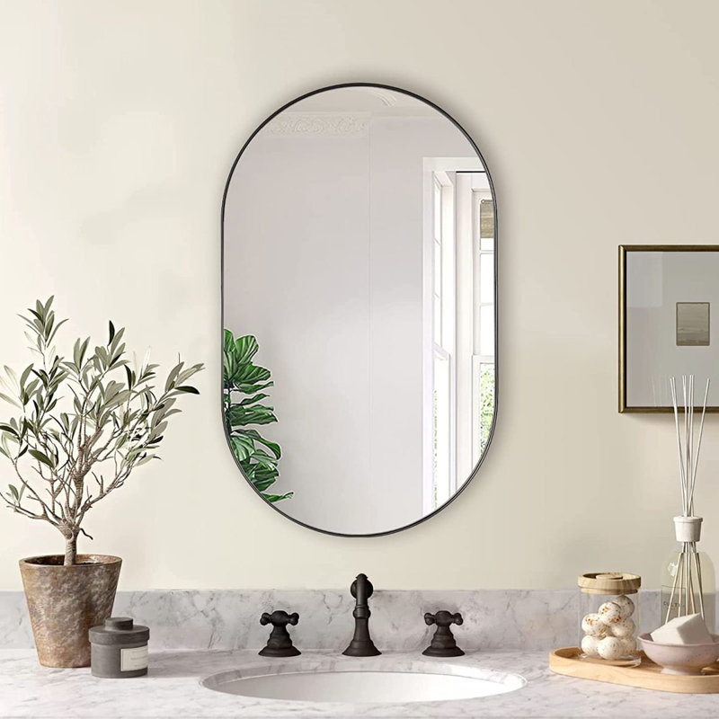 20 Inch Metal Oval Mirror, Black, 20" x 33"