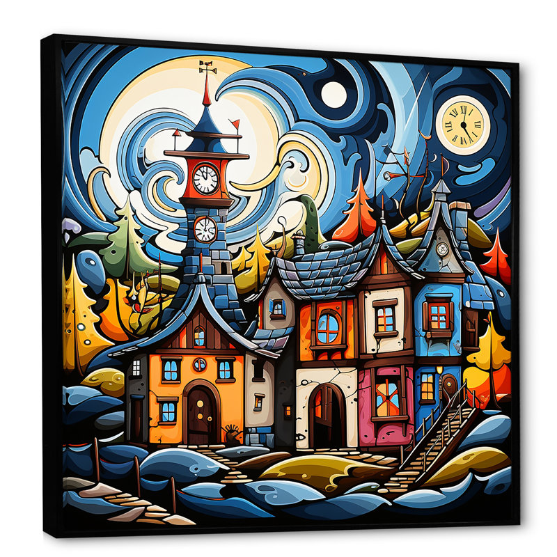 «Blue Whimsical Village Landscape - Abstract Landscape», art mural, Cadre flottant noir, H 36 po x l 36 po x P 1,5 po