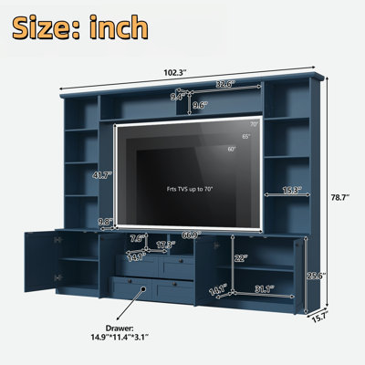 Modern Entertainment Center Wall Unit with Open Display Shelves, 4 Drawers, Storage Cabinets, Adjustable Shelves and Adjustable Bridge Height Design