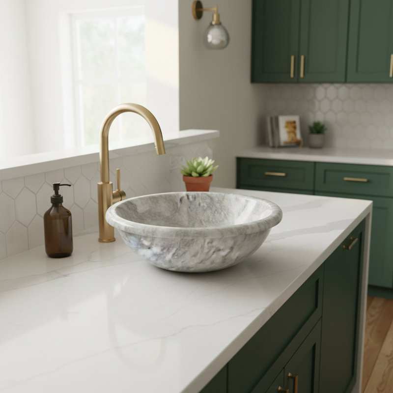 Lavabo vasque de salle de bain rond en pierre naturelle 16 po Badal gris (H 5,75 po)