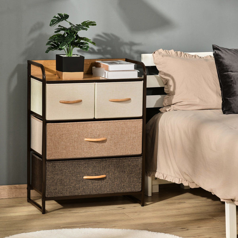 Commode 4 pièces pour chambre à coucher - Tiroirs en tissu et structure en acier, 3 compartiments de rangement avec plateau en érable pour une touche d'éclat