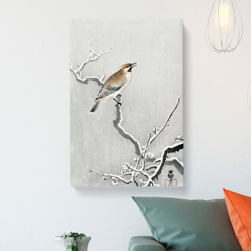Bohemian Bird On A Snowy Branch by Ohara Koson - Wrapped Canvas, 60cm H x 40cm W x 3cm D