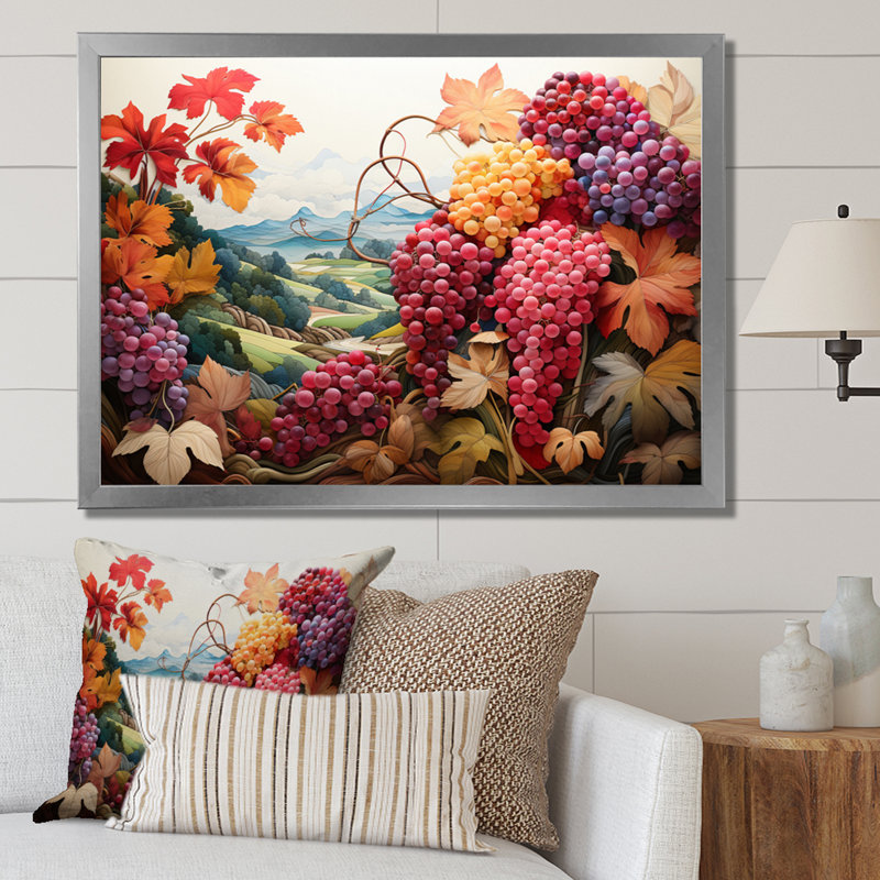 «Atworth Pink Coral Grapes Vineyard Pointillism», reproduction, H 34 po x l 44 po x P 1,5 po, Cadre simple argenté