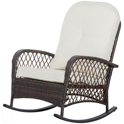Chaise berçante d'extérieur en osier avec siège large, coussin épais et moelleux, chaise berçante en rotin avec structure en acier, capacité de poids élevée pour le patio, le jardin, la cour arrière, le blanc crème, la chaise