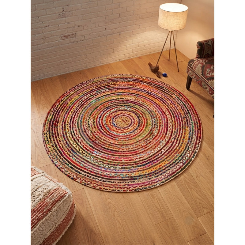 Hand Braided Cotton & Jute Contemporary Dark Multicolor Round Area Rug, Round 5'
