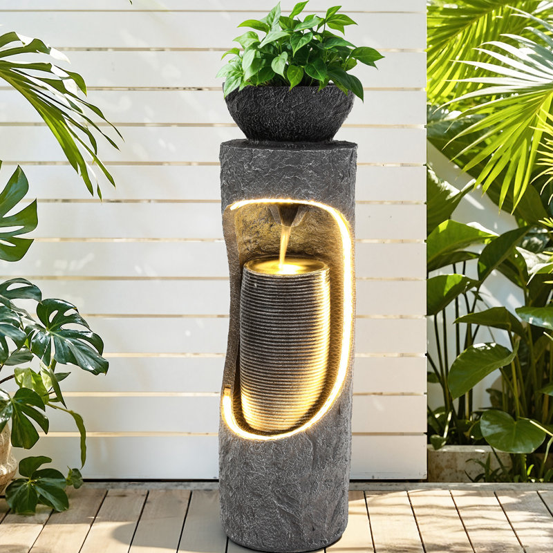 40" Modern Dual-Layer Water Fountain with LED Lights, Column Cascading Waterfall Decor, Weather-Resistant Resin Outdoor Feature
