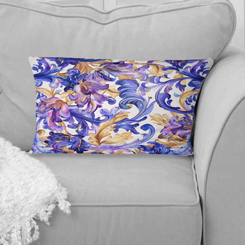 Coussin lombaire mauve et floral rétro à imprimé floral mauve et doré II