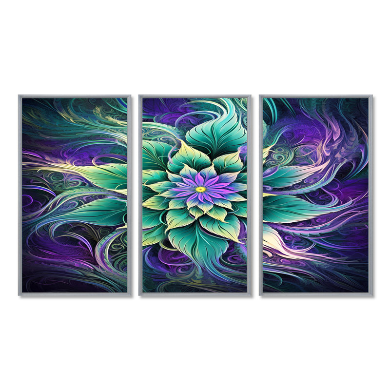Vibrant Green Future Flower - Boho Mandala Wall Art Print Set, 40" H x 60" W x 1" D, Silver Floater Framed