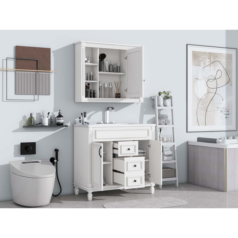 Meuble-lavabo moderne avec lavabo simple avec 2 portes, 2 tiroirs et armoire à miroir, Blanc