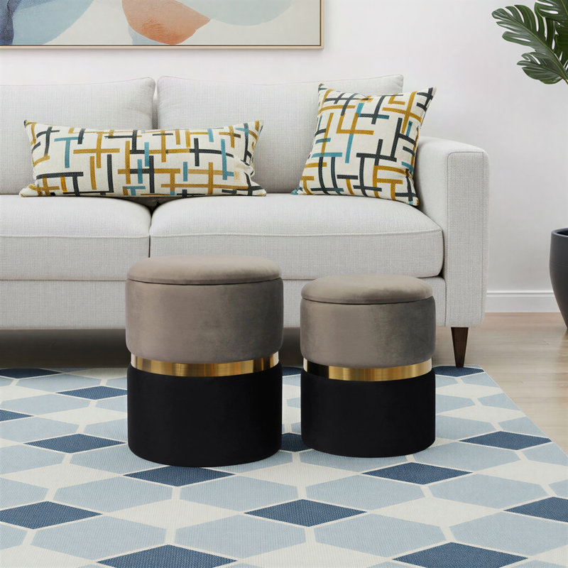 Ernesha Velvet Ottoman, Black/Gray