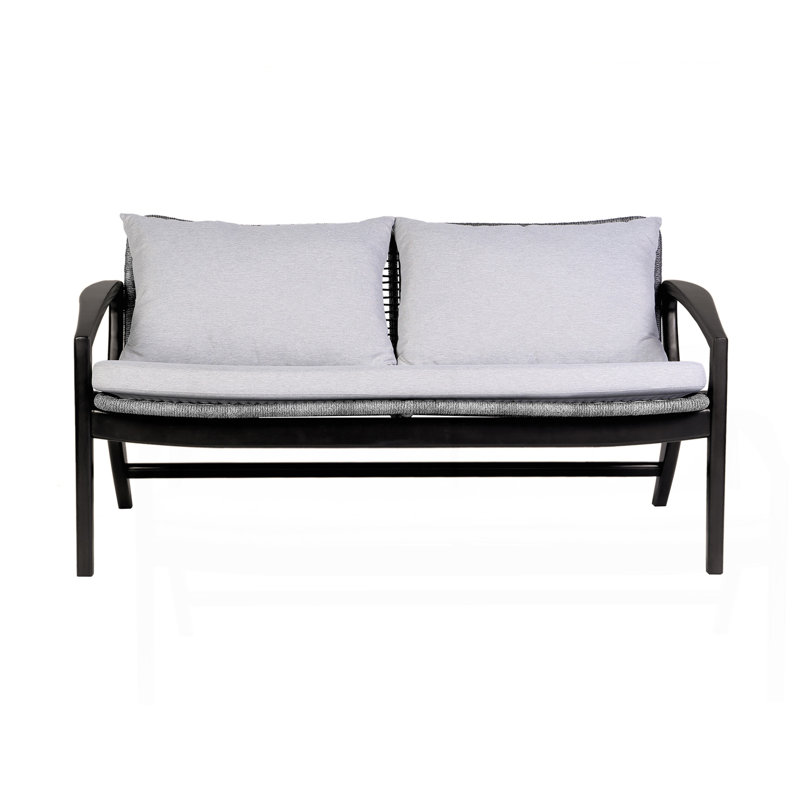 Outdoor Sofa In Dark Eucalyptus Wood And Gray Rope With White Cushions