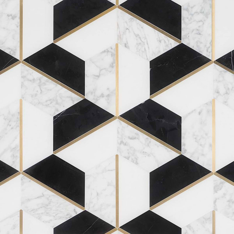 Decade Polished Marble And Brass Mosaic, Nero Blanco