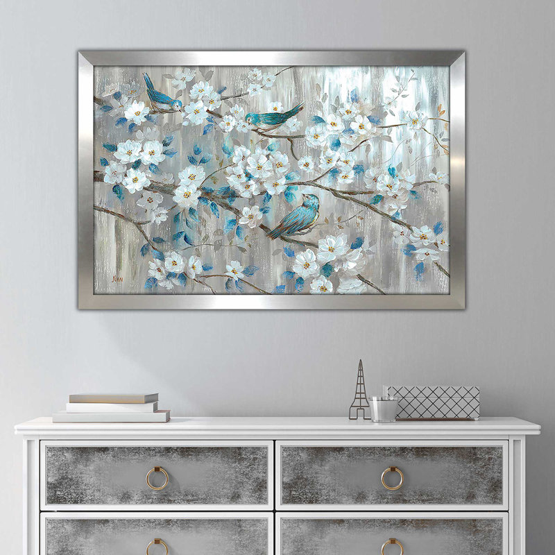 Bleu sarcelle par Nan - Peinture, Encadrement argenté, H 21,5 po x l 27,5 po x P 0,75 po