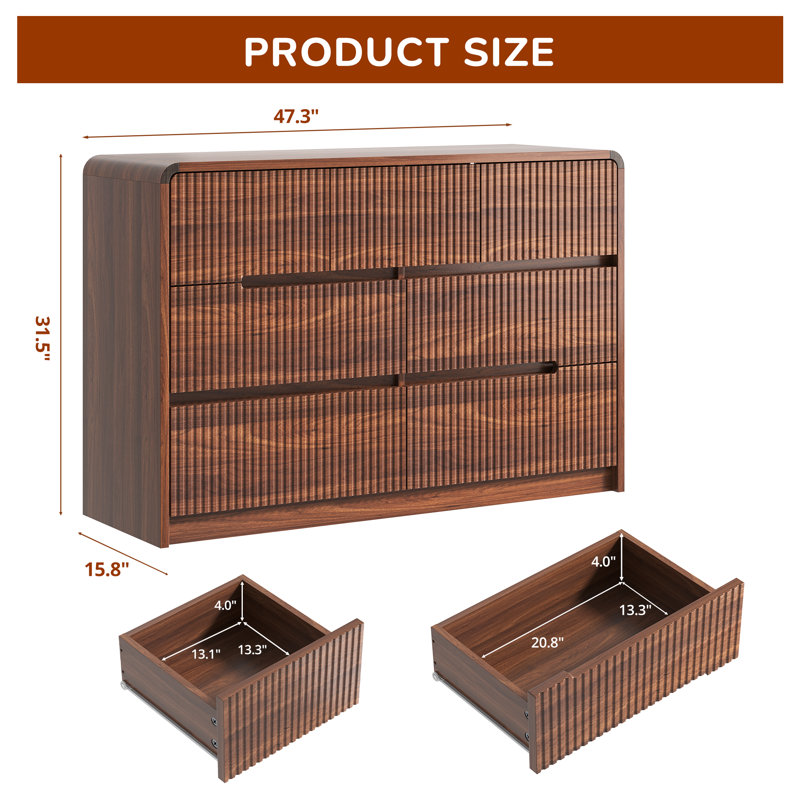 47.3" W 7 Drawer Mid-Century Modern, Wooden Dresser with Curved Profile and Fluted Design					, Walnut
